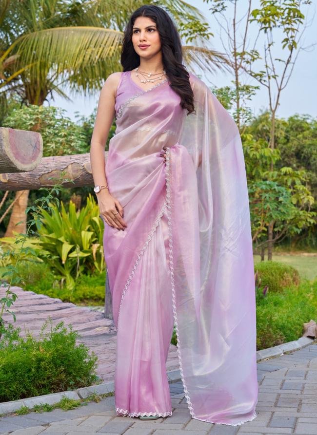 Organza Pink Party Wear Hand Work Saree